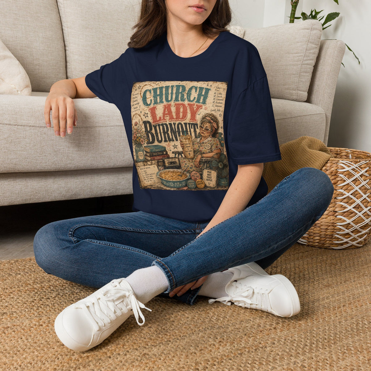 Church Lady Burnout T-Shirt — Vintage Funny Christian Humor Tee for Busy Church Volunteers