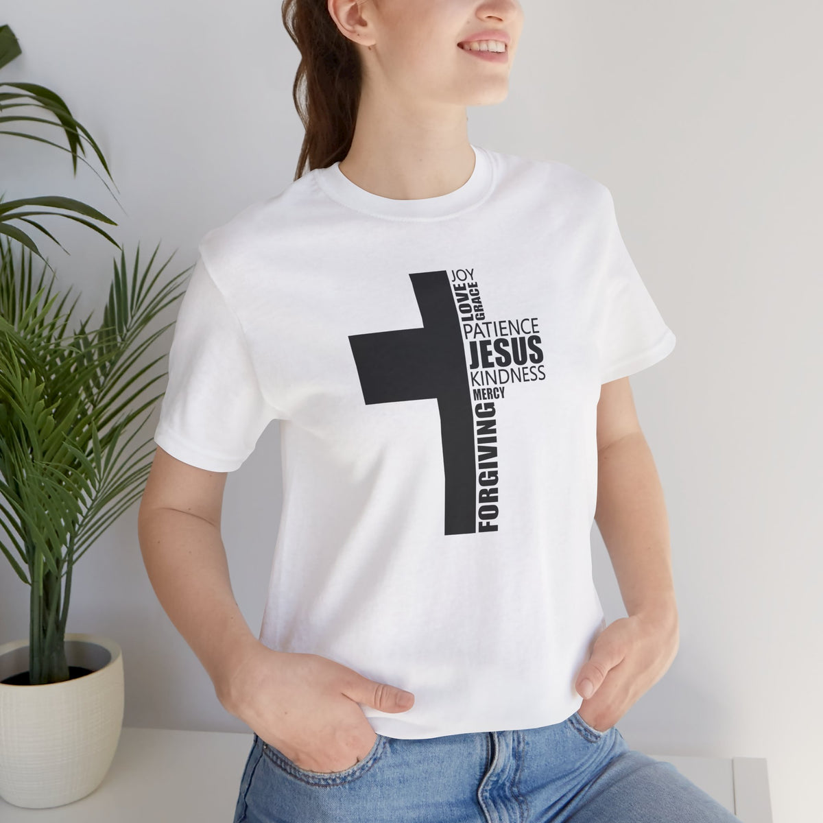 Christian Cross T-Shirt – 'Jesus, Forgiving, Love, Kindness' Word Cloud Tee