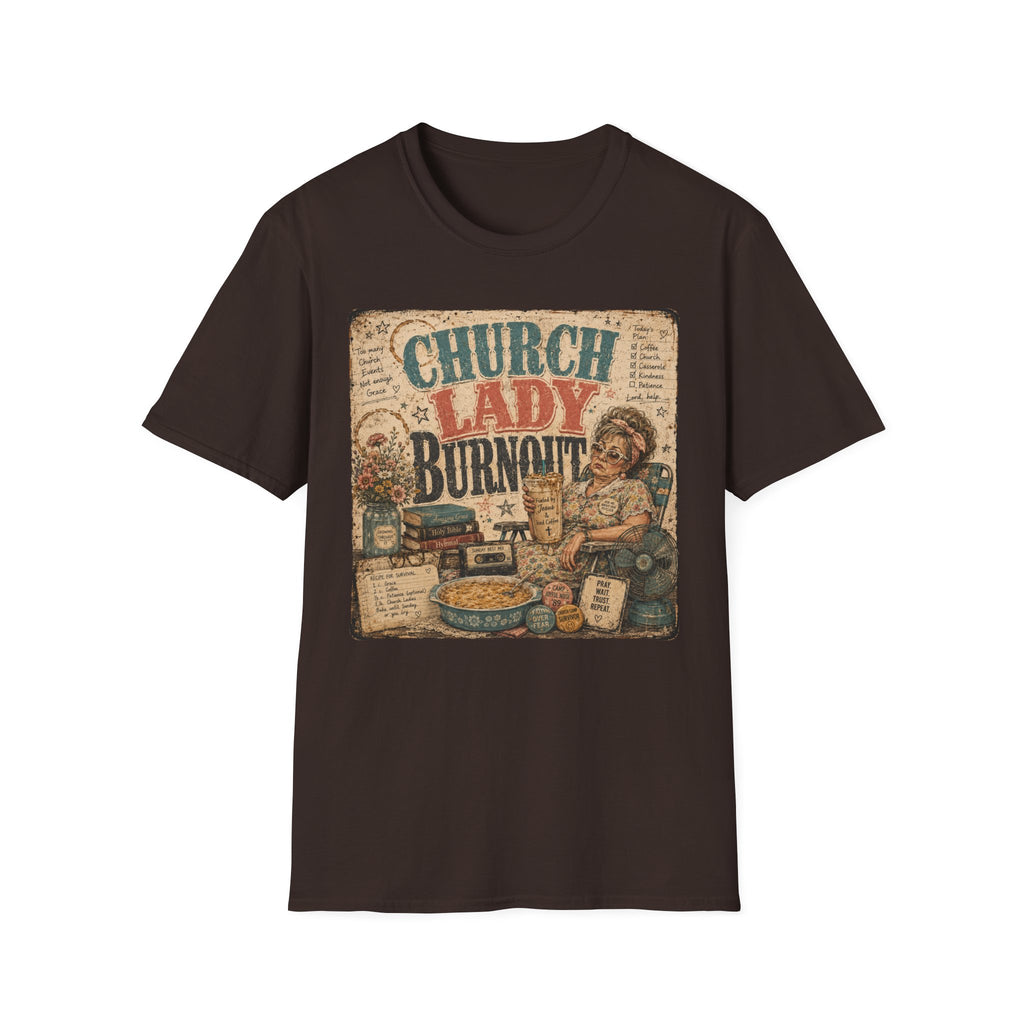Church Lady Burnout T-Shirt — Vintage Funny Christian Humor Tee for Busy Church Volunteers