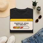T-Shirt — "Powered by Jesus and Sarcasm" Graphic Tee