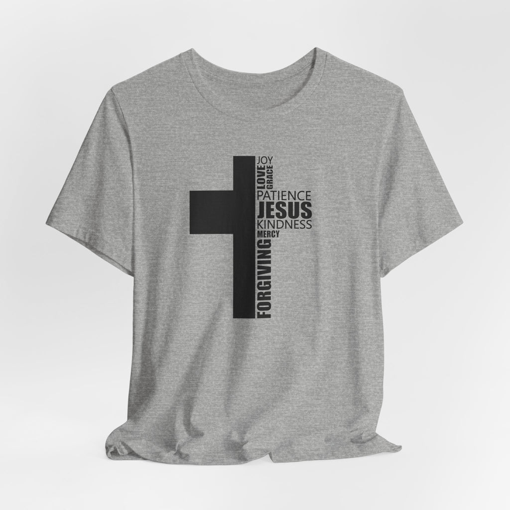 Christian Cross T-Shirt – 'Jesus, Forgiving, Love, Kindness' Word Cloud Tee