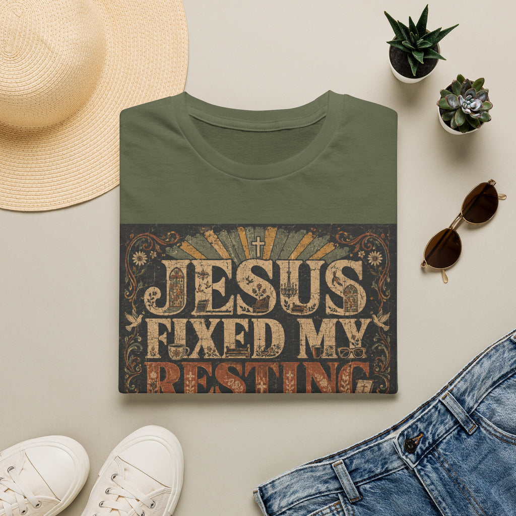Christian Graphic T-Shirt — "Jesus Fixed My Resting Church Face" Vintage Faith Tee