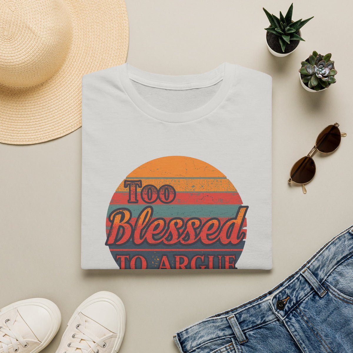 Too Blessed To Argue T-Shirt — Retro Sunset Faith Graphic Tee