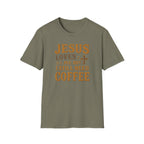Christian Coffee T-Shirt - "Jesus Loves Me But I Still Need Coffee" Faith Tee