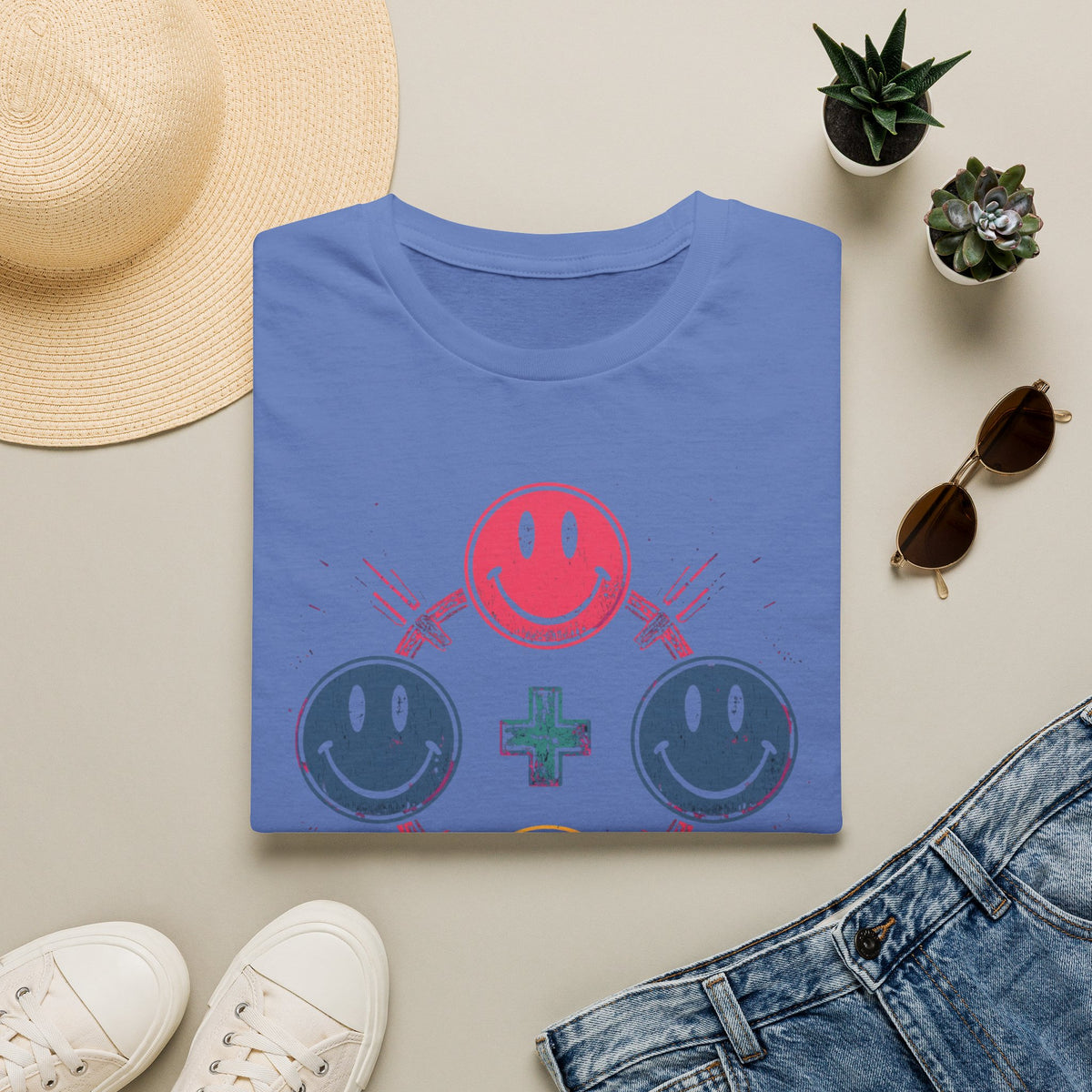 Faith Smiley Cross T-Shirt — Colorful Retro Smile Faces Graphic Tee
