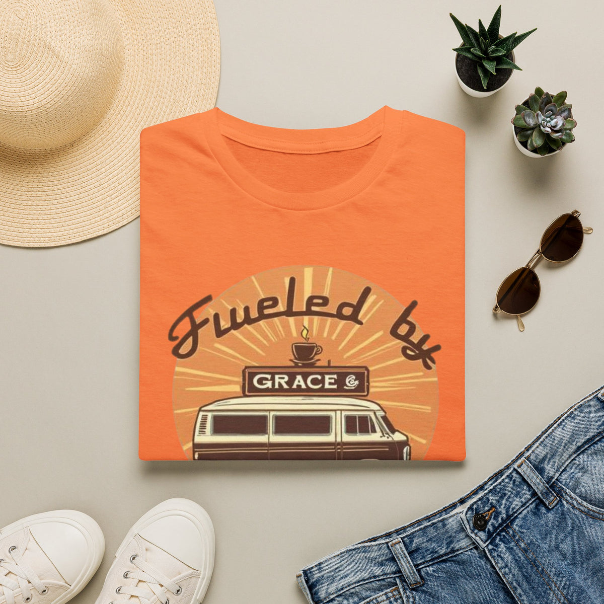 Fueled by Grace & Caffeine Van T-Shirt — Retro Coffee Roadtrip Tee