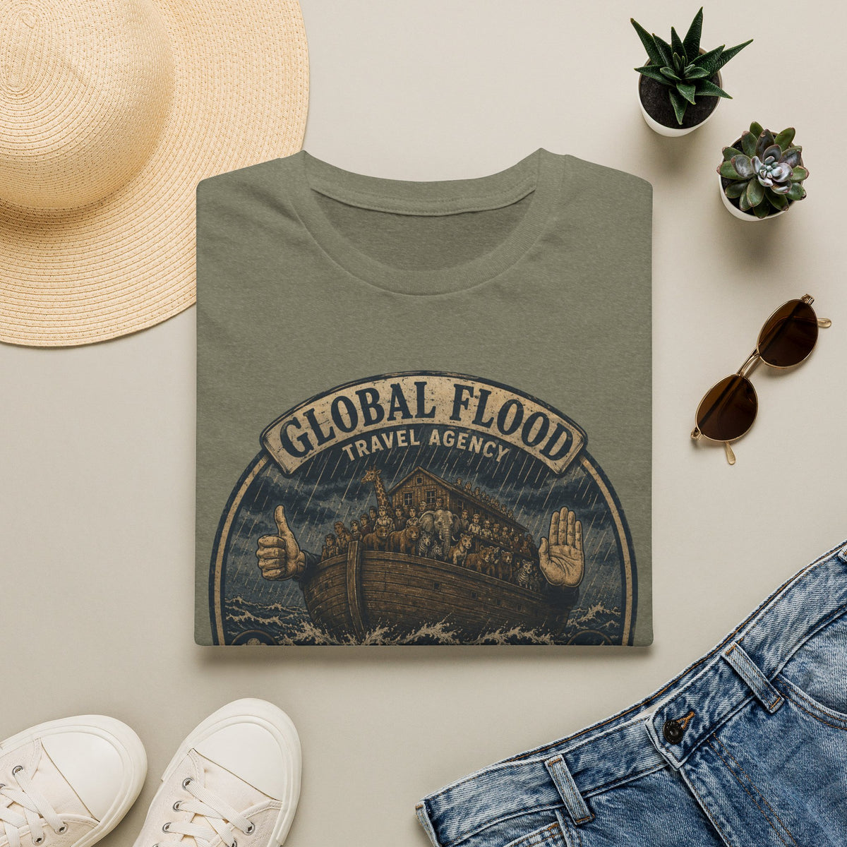Global Flood Travel Badge T-Shirt – Vintage Ark Graphic Tee ("Unsubscribe from Humanity")