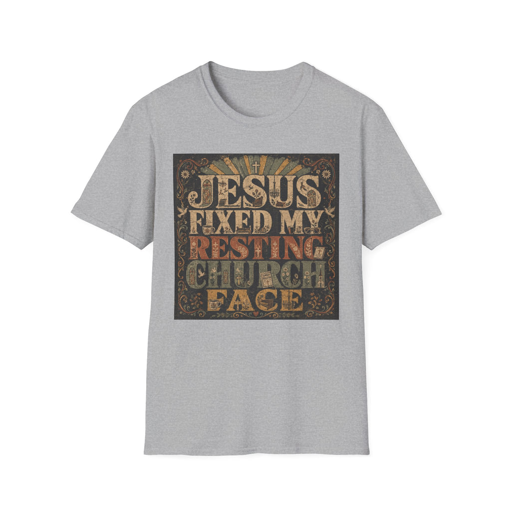 Christian Graphic T-Shirt — "Jesus Fixed My Resting Church Face" Vintage Faith Tee