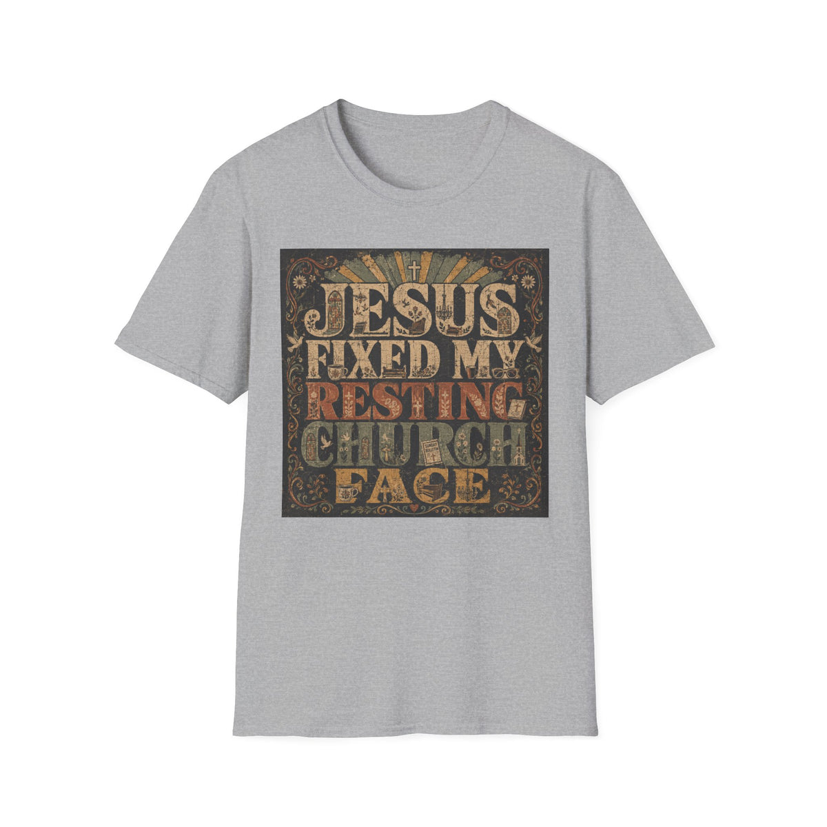 Christian Graphic T-Shirt — "Jesus Fixed My Resting Church Face" Vintage Faith Tee