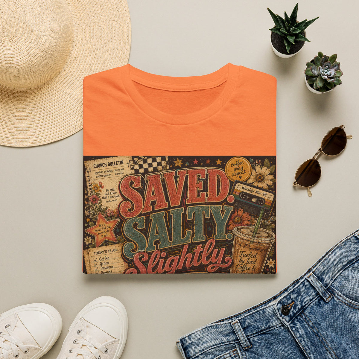 Saved Salty Slightly Overstimulated T-Shirt — Vintage Coastal Christian Graphic Tee