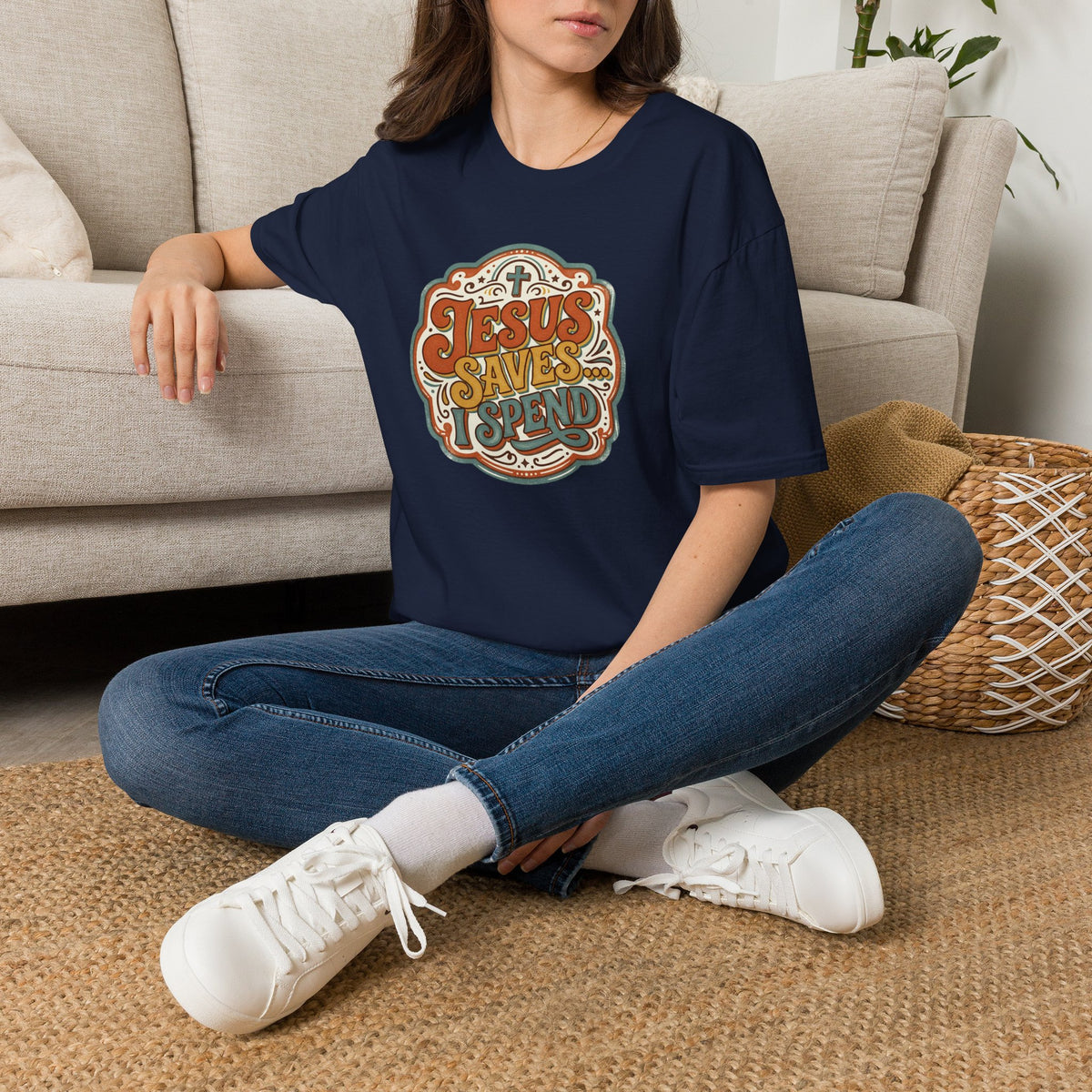Christian T-Shirt — "Jesus Saves" Vintage Script Faith Tee