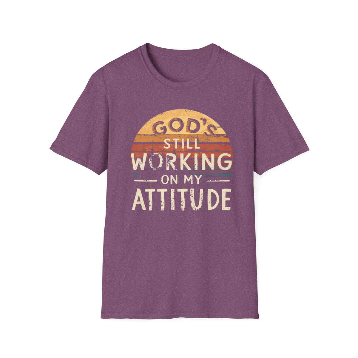 Christian T-Shirt — "God’s Still Working on My Attitude" Retro Sun Graphic