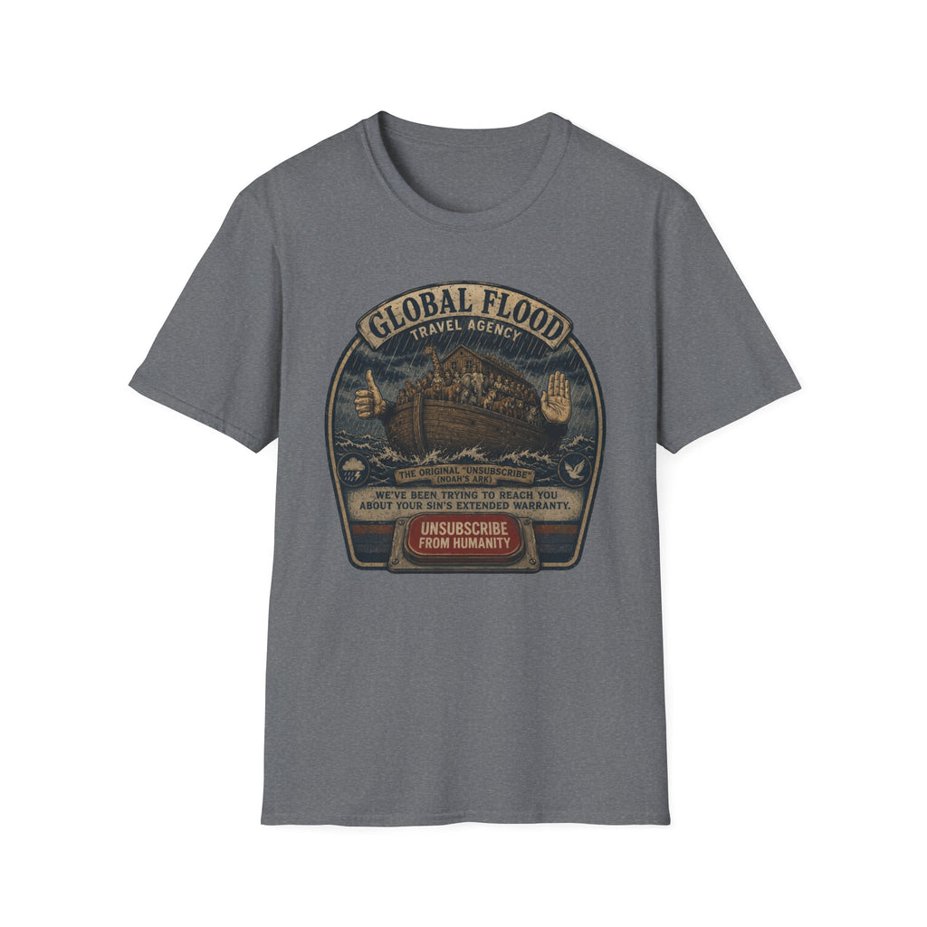 Global Flood Travel Badge T-Shirt – Vintage Ark Graphic Tee ("Unsubscribe from Humanity")