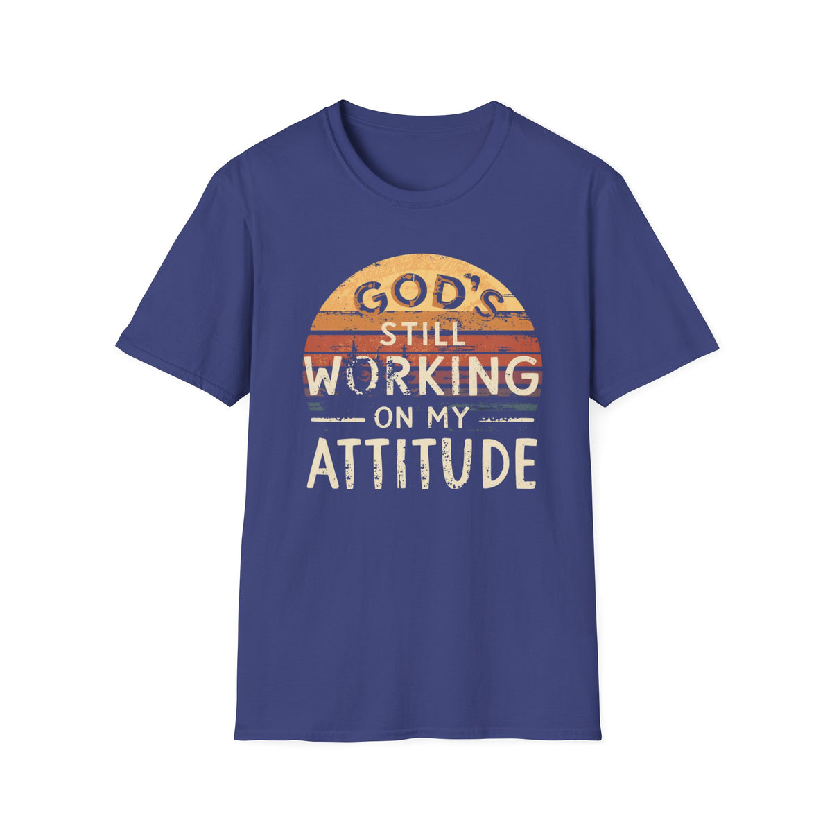 Christian T-Shirt — "God’s Still Working on My Attitude" Retro Sun Graphic