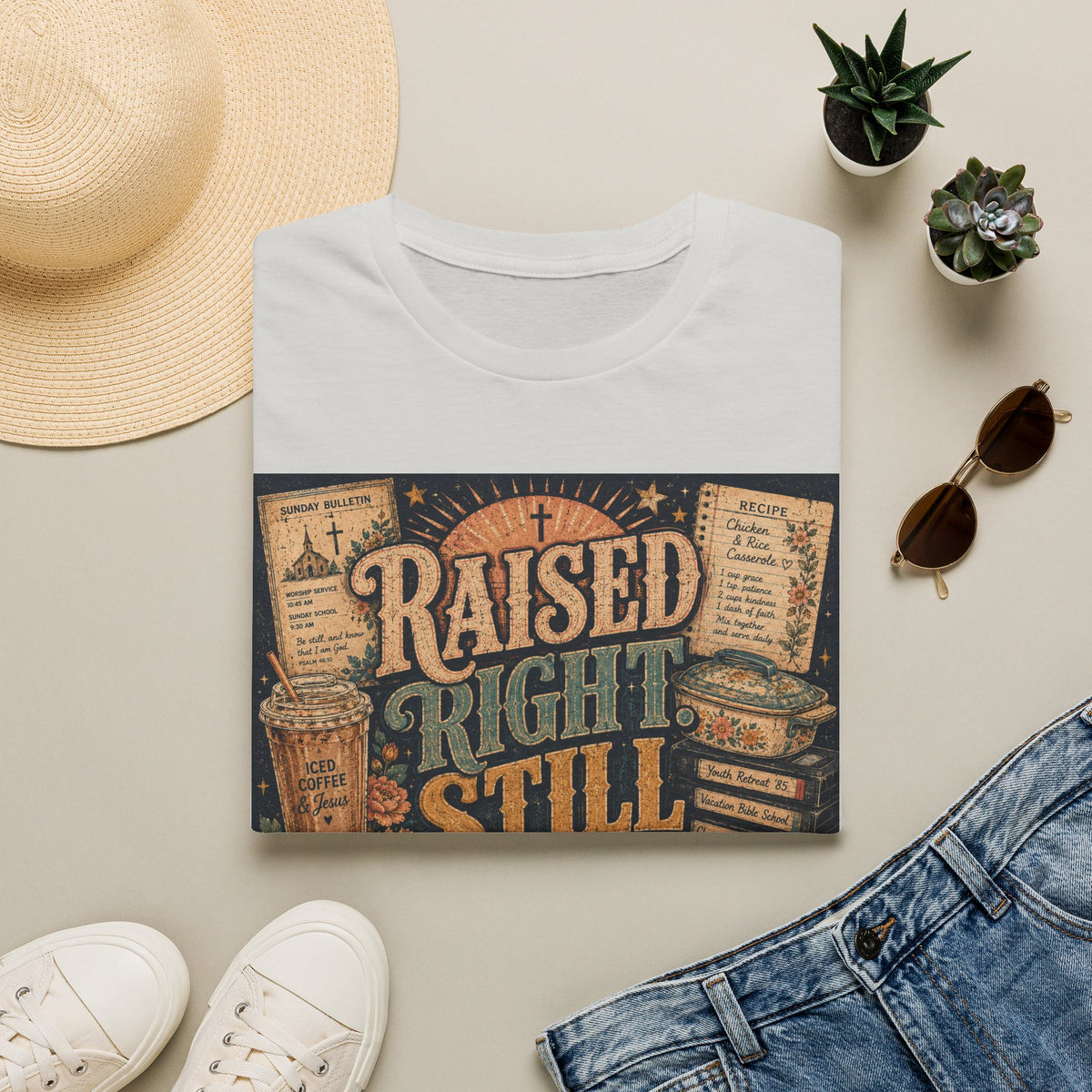 Raised Right Still Tired T-Shirt — Vintage Faith & Humor Christian Tee