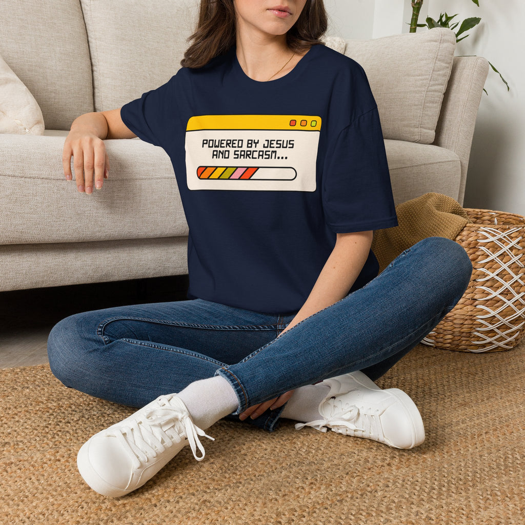 T-Shirt — "Powered by Jesus and Sarcasm" Graphic Tee