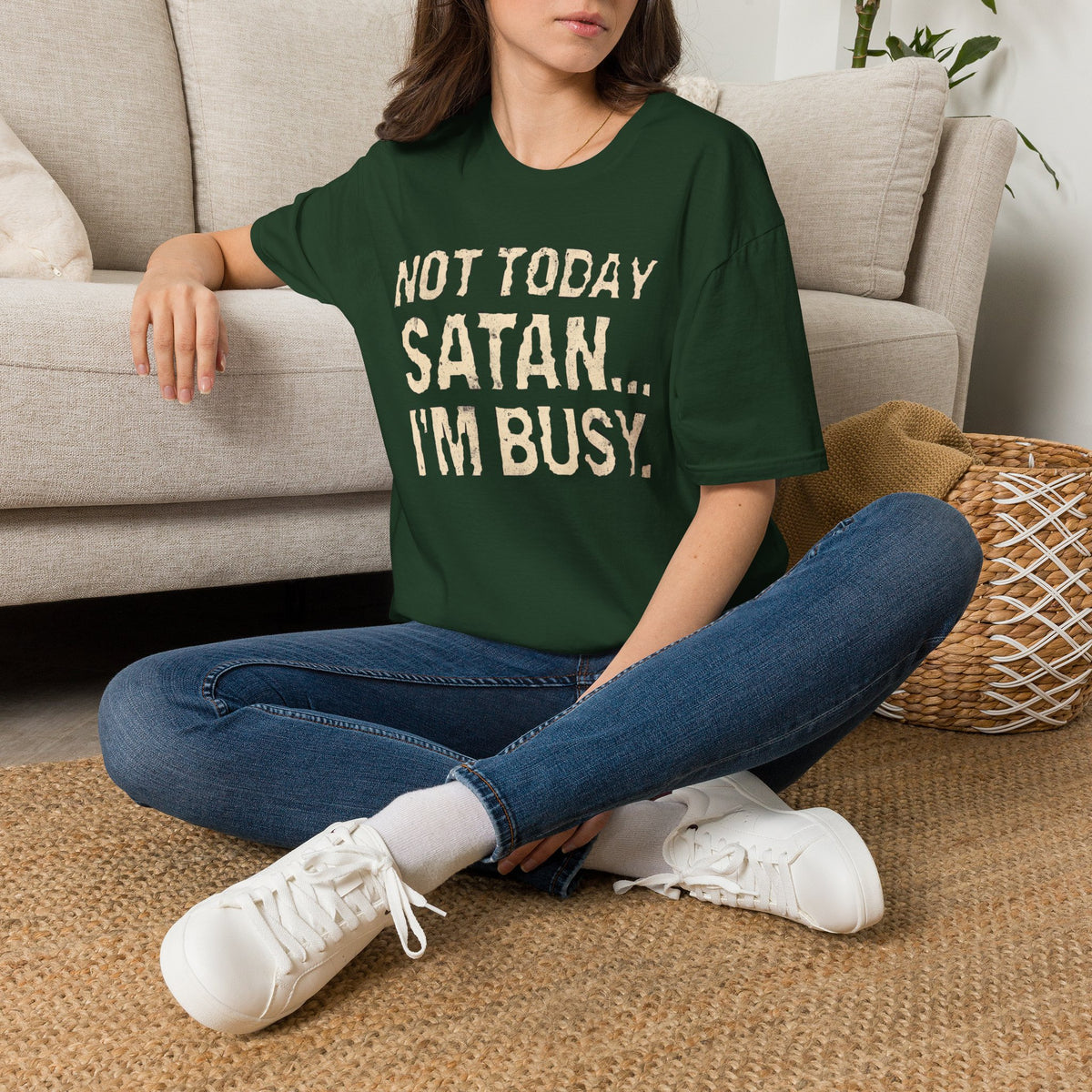 Not Today Satan I’m Busy T‑Shirt — Funny Christian Faith Graphic Tee