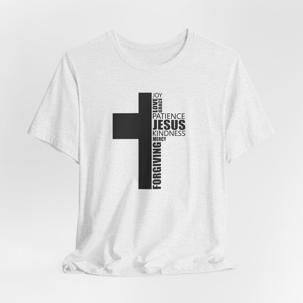 Christian Cross T-Shirt – 'Jesus, Forgiving, Love, Kindness' Word Cloud Tee