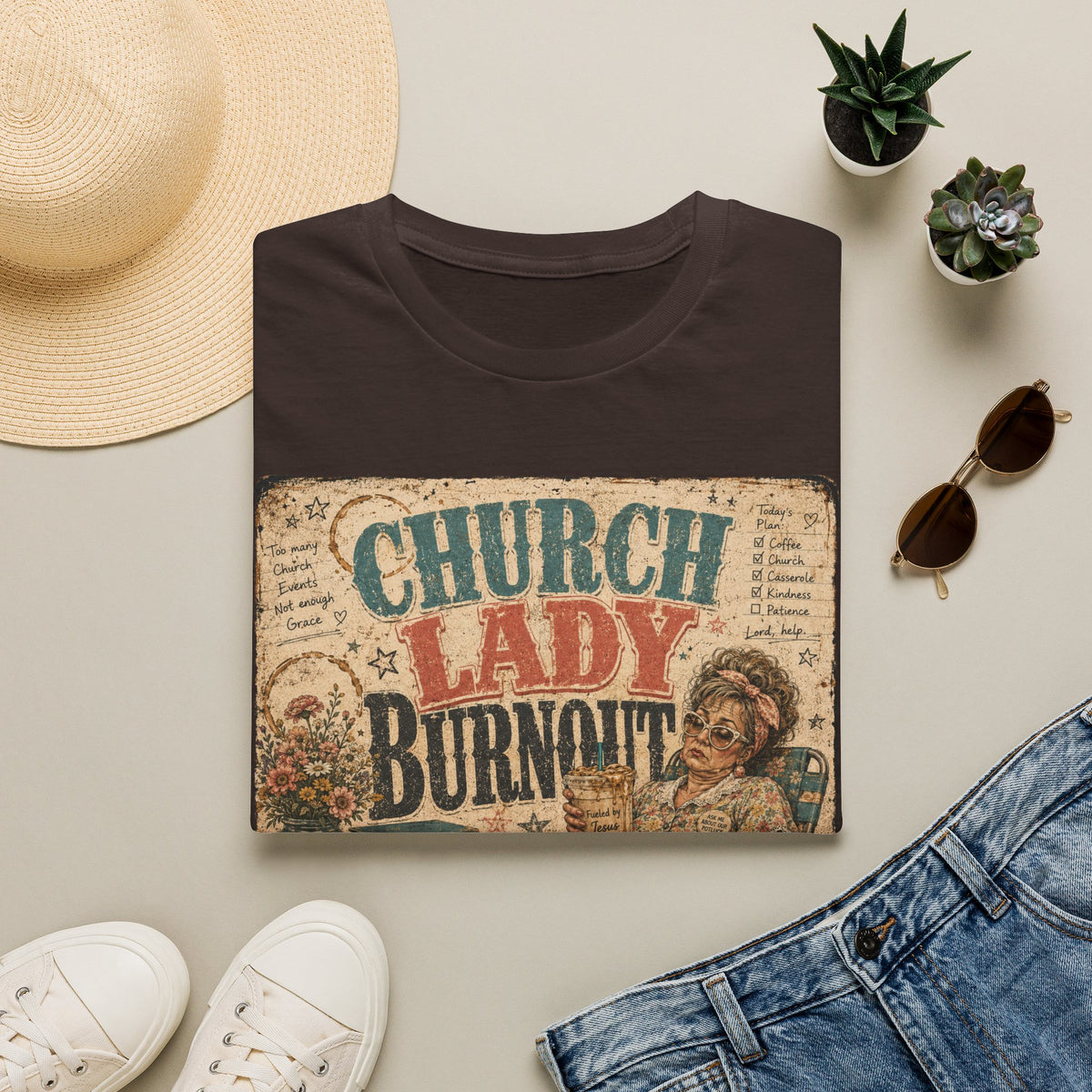 Church Lady Burnout T-Shirt — Vintage Funny Christian Humor Tee for Busy Church Volunteers