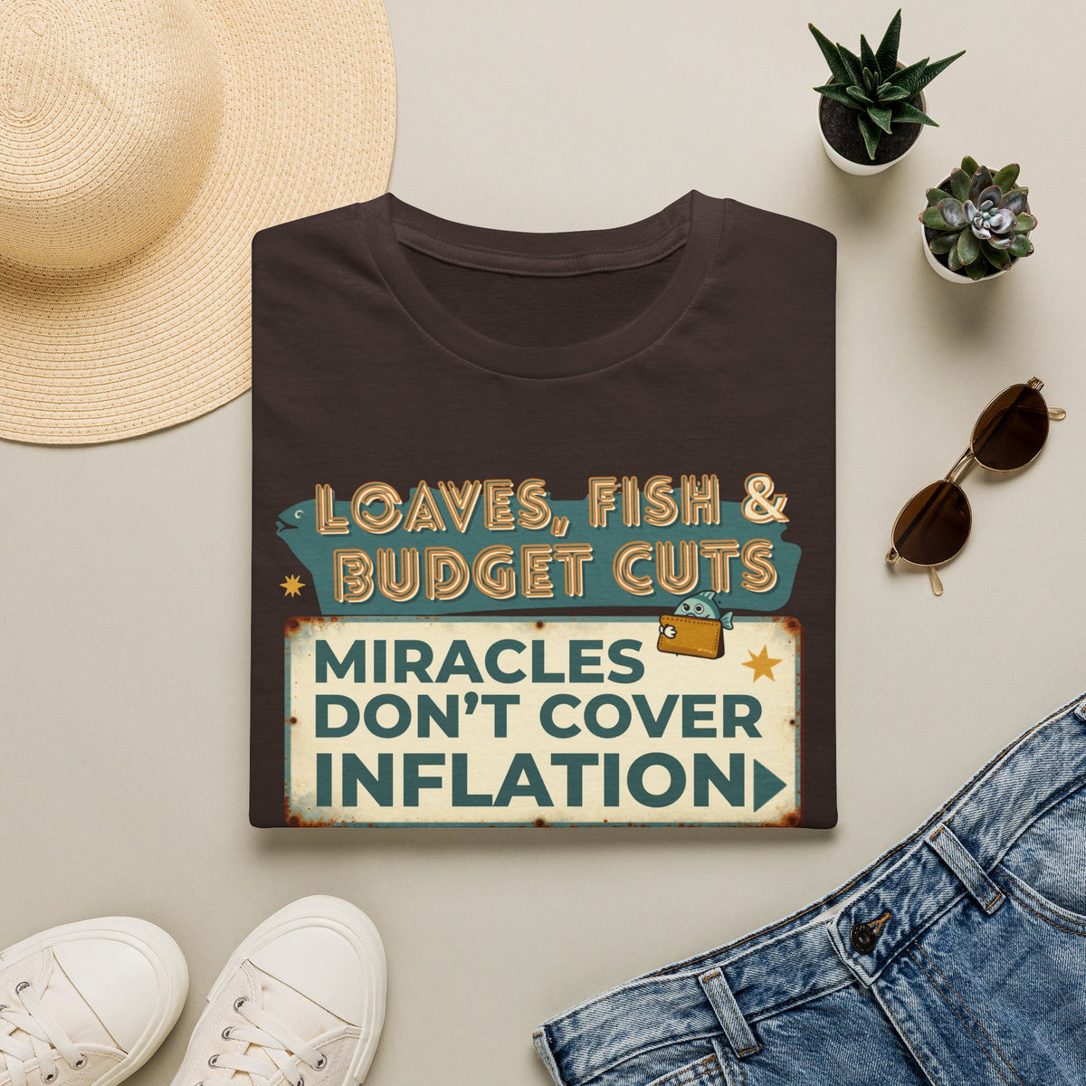 T‑Shirt — "Loaves, Fish & Budget Cuts: Miracles Don’t Cover Inflation"