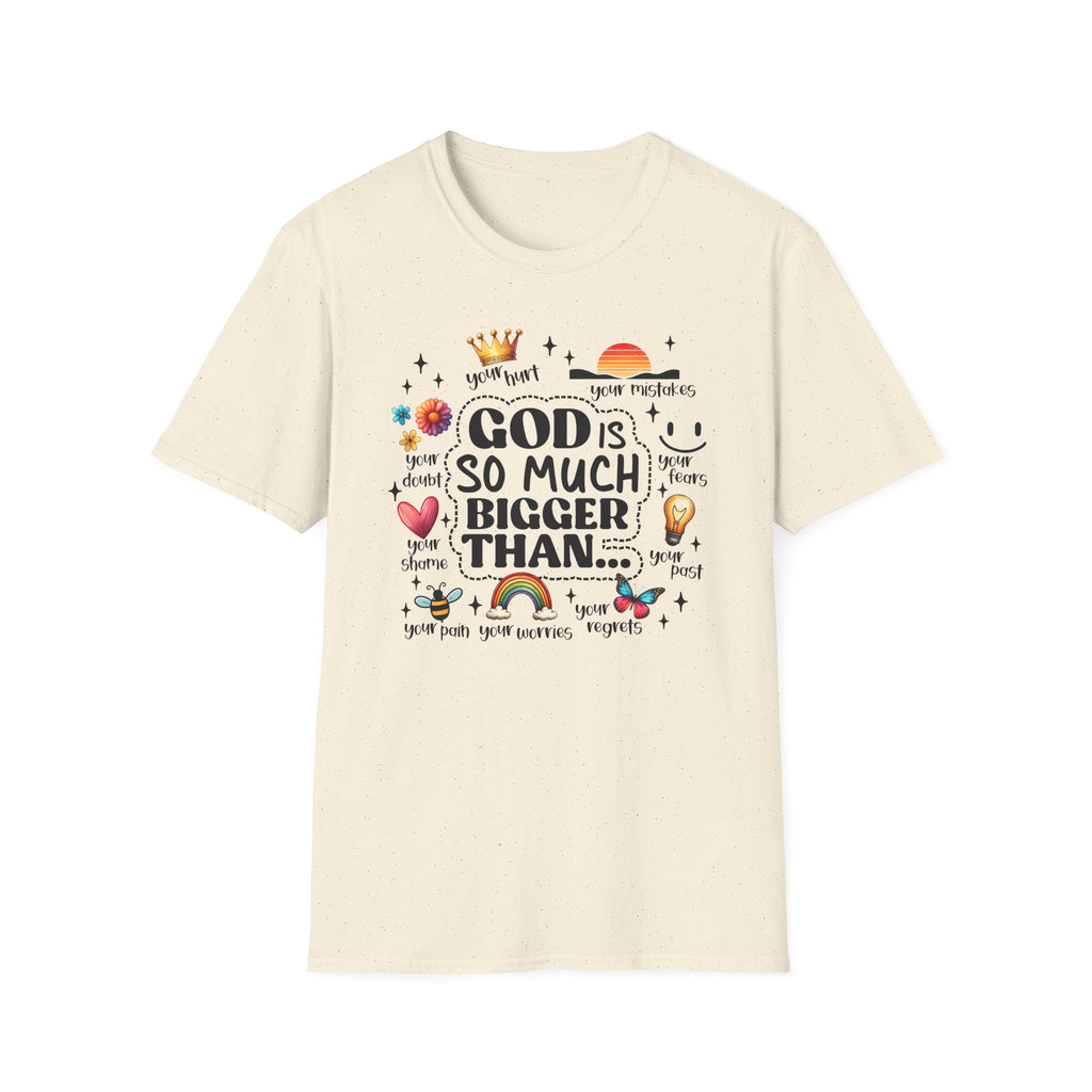 God Is So Much Bigger Than… T‑Shirt — Inspirational Christian Faith Tee with Cute Icons