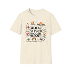 God Is So Much Bigger Than… T‑Shirt — Inspirational Christian Faith Tee with Cute Icons