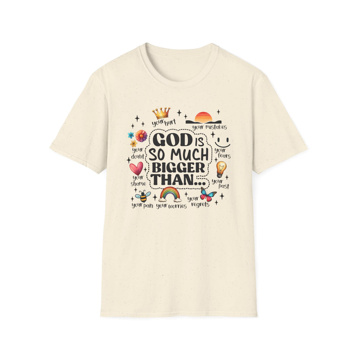 God Is So Much Bigger Than… T‑Shirt — Inspirational Christian Faith Tee with Cute Icons