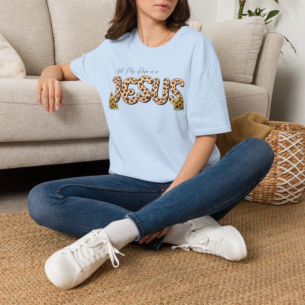Jesus Leopard Print T-Shirt — "All My Hope Is In Jesus" Floral Faith Tee