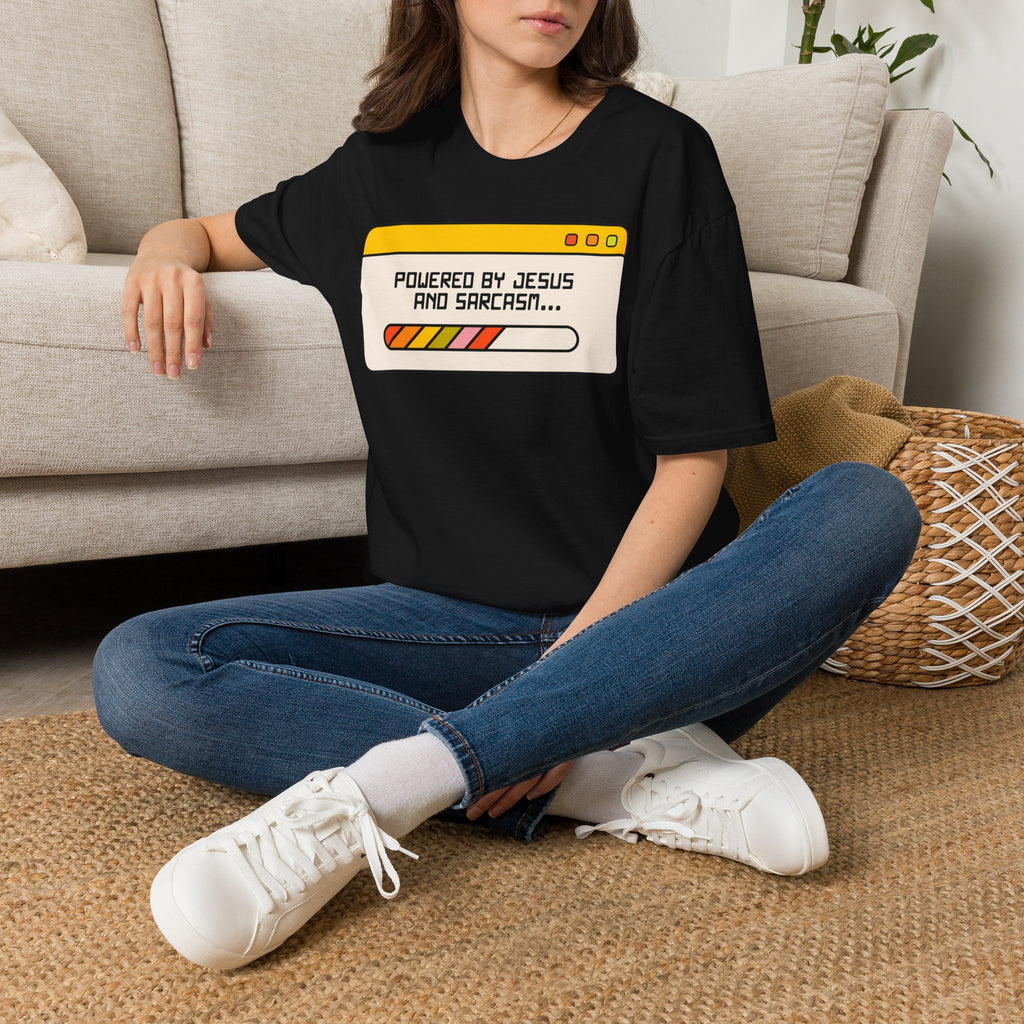 T-Shirt — "Powered by Jesus and Sarcasm" Graphic Tee