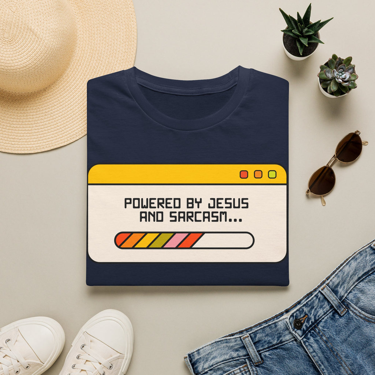 T-Shirt — "Powered by Jesus and Sarcasm" Graphic Tee