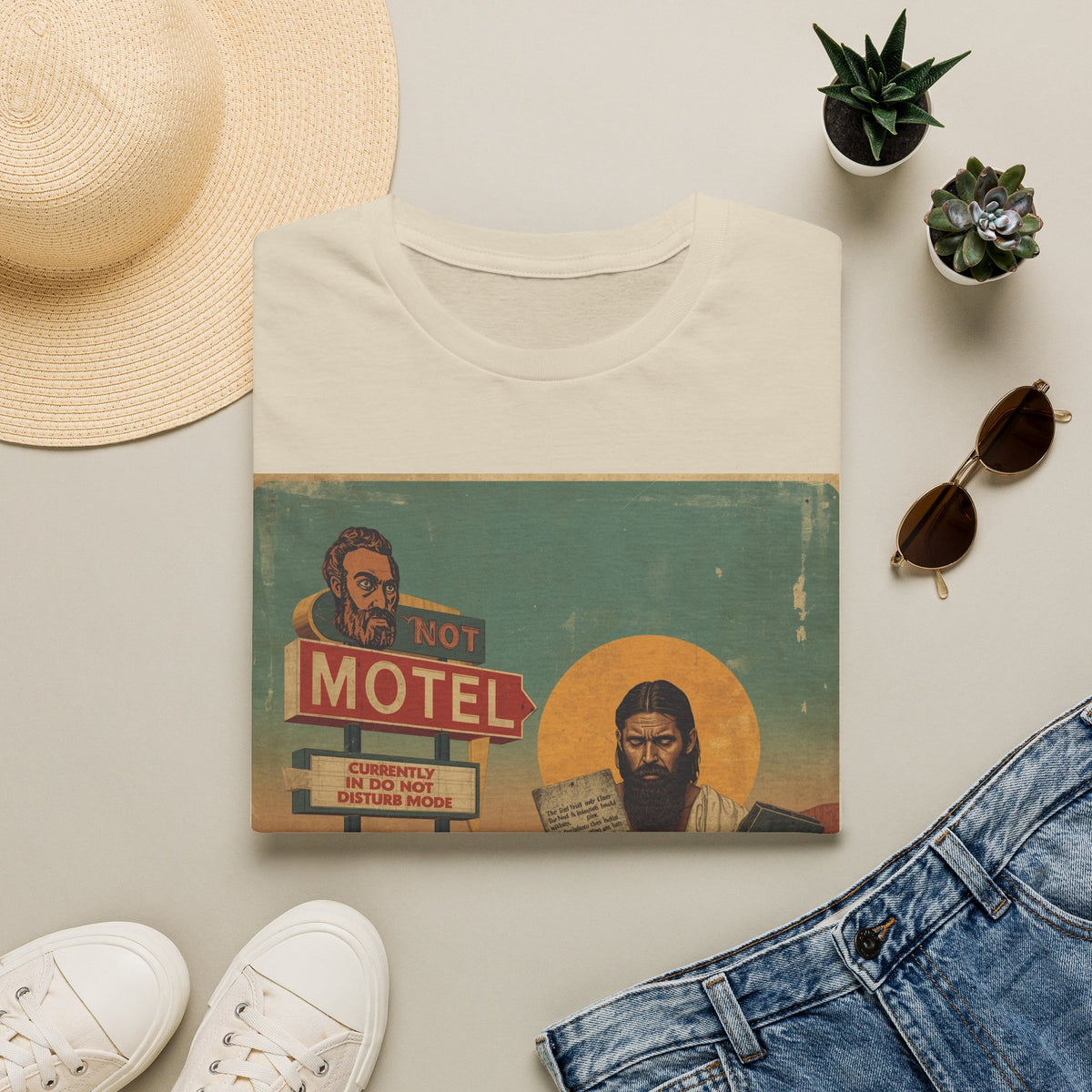 Desert Motel Graphic T‑Shirt — Vintage Roadside Jesus Art Tee