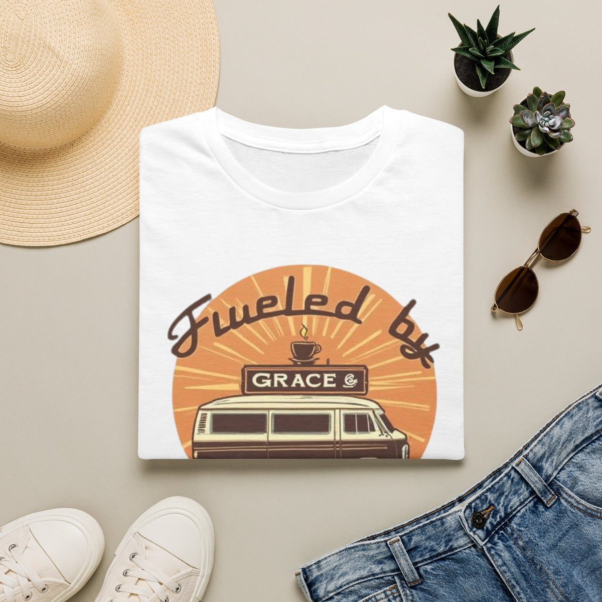 Fueled by Grace & Caffeine Van T-Shirt — Retro Coffee Roadtrip Tee