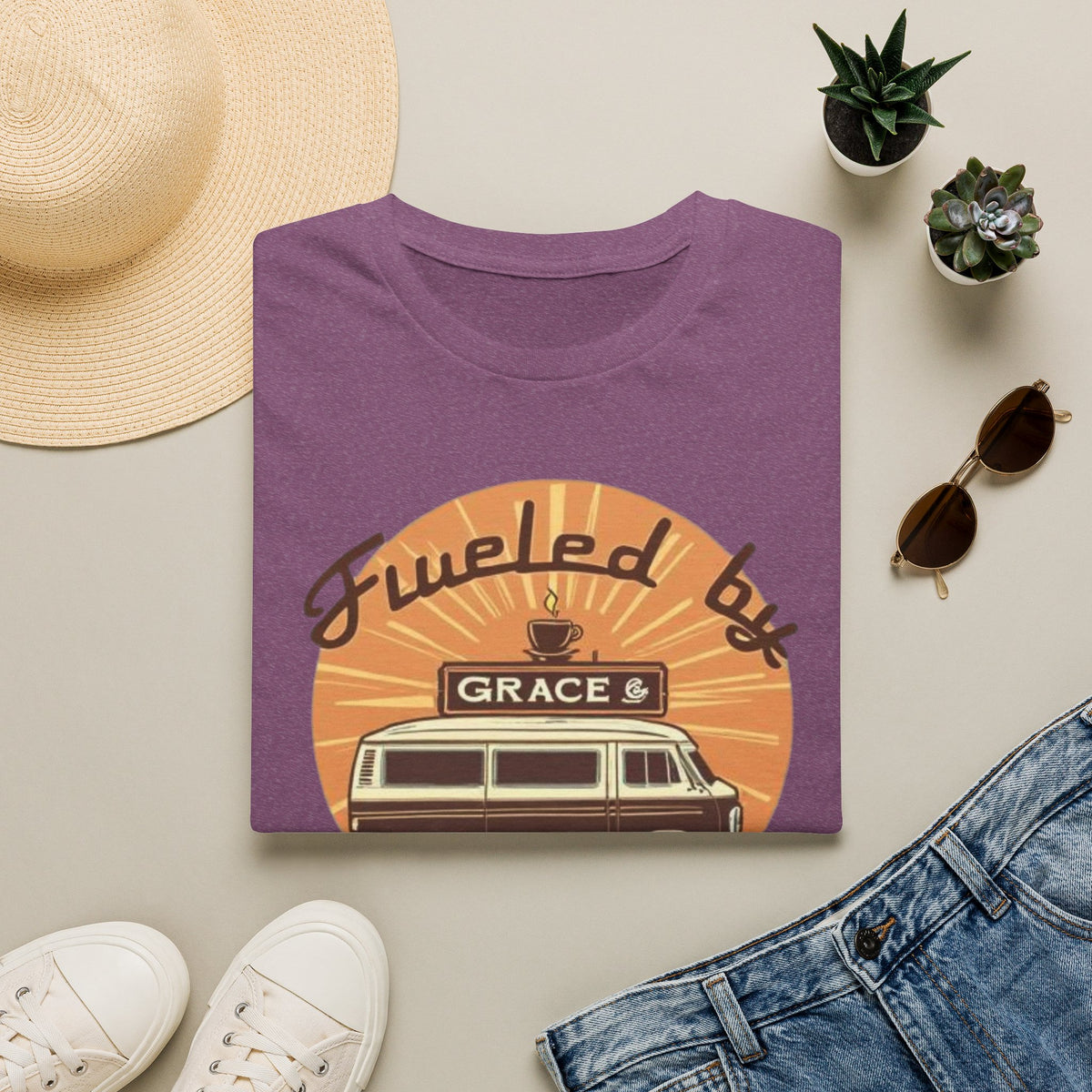 Fueled by Grace & Caffeine Van T-Shirt — Retro Coffee Roadtrip Tee