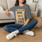 Saved. Salty. Still Showed Up. T-Shirt — Vintage Surf Faith Graphic Tee