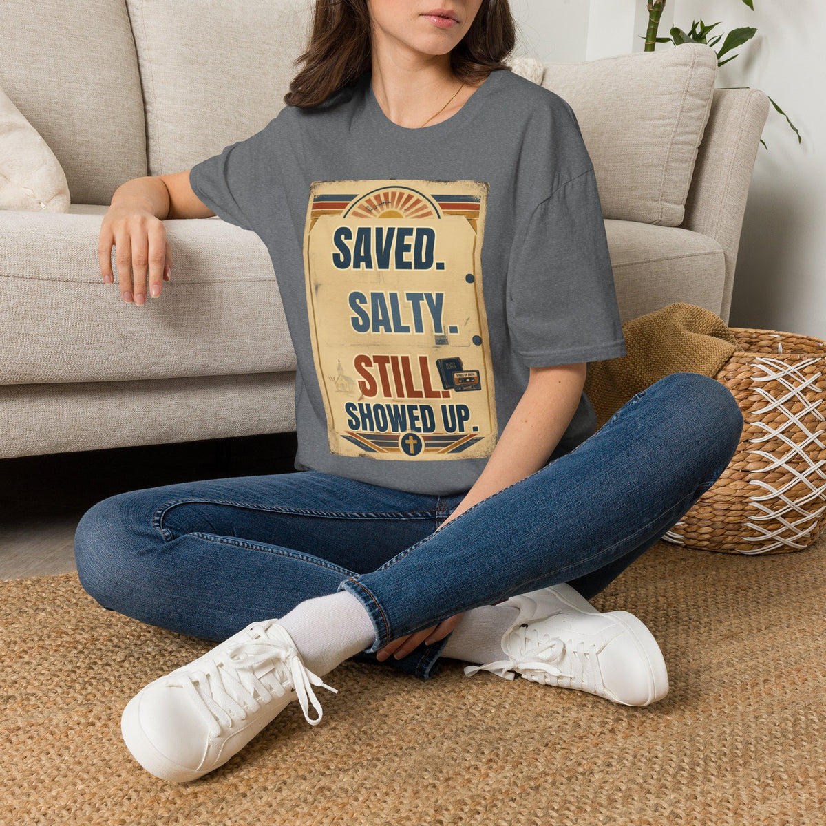 Saved. Salty. Still Showed Up. T-Shirt — Vintage Surf Faith Graphic Tee