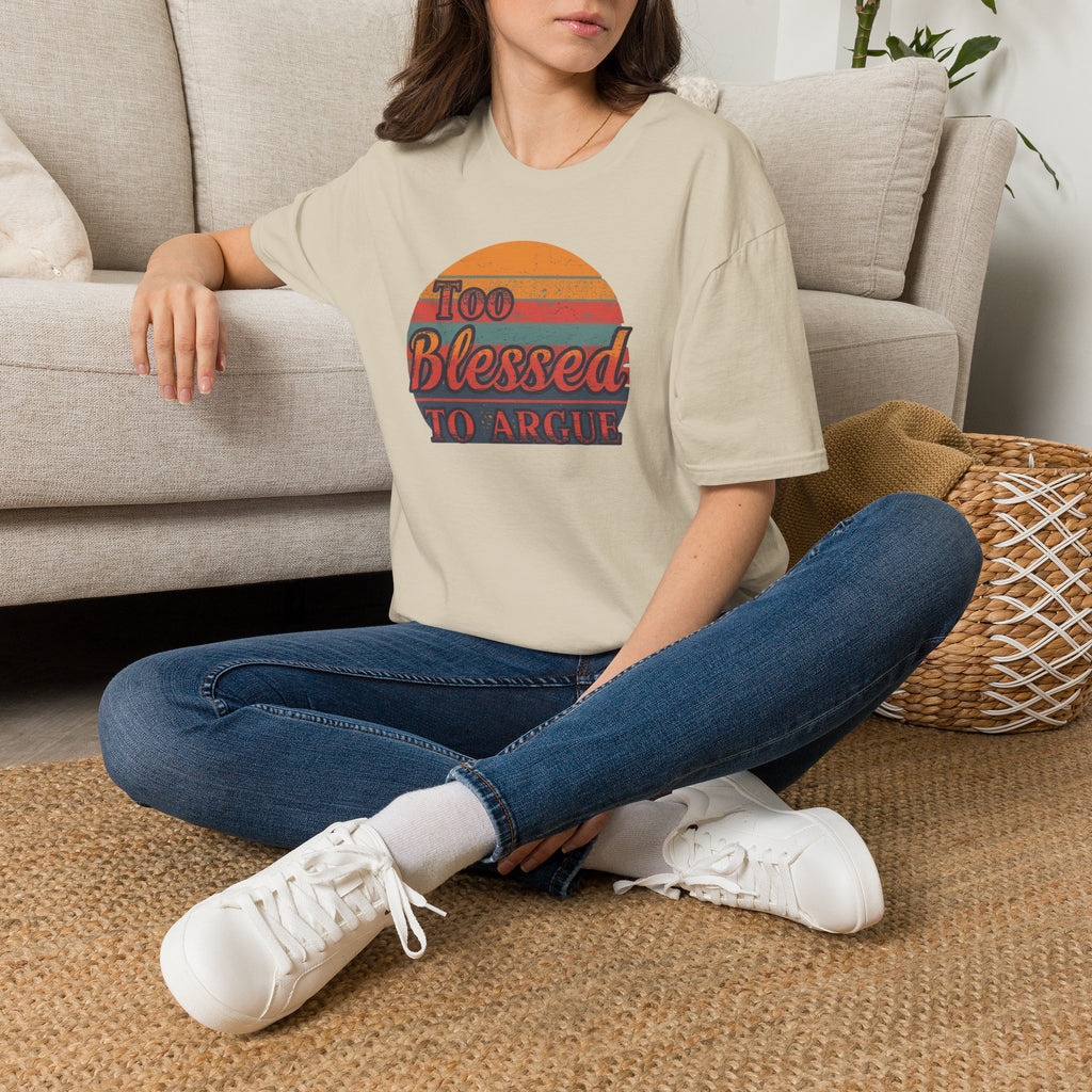 Too Blessed To Argue T-Shirt — Retro Sunset Faith Graphic Tee