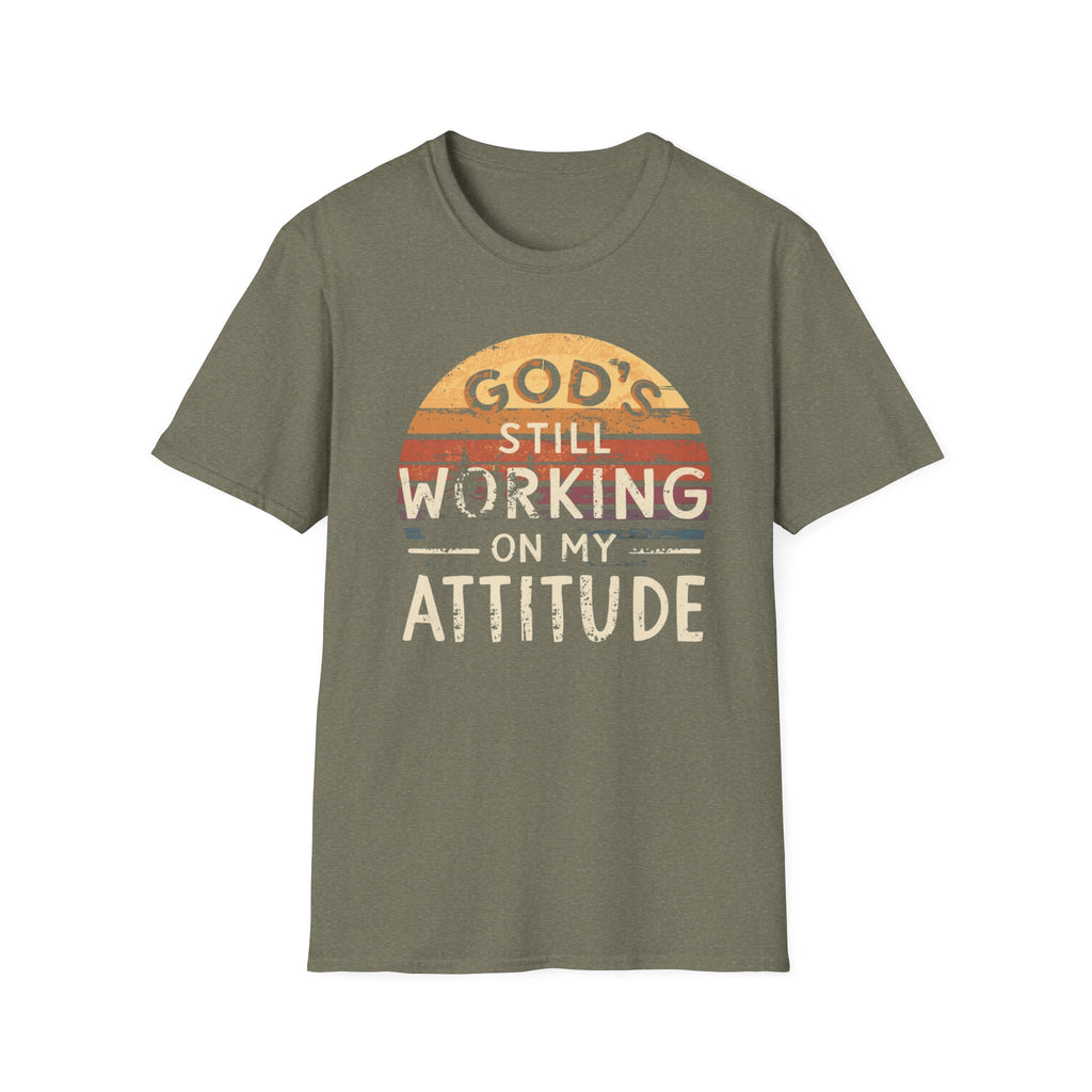Christian T-Shirt — "God’s Still Working on My Attitude" Retro Sun Graphic
