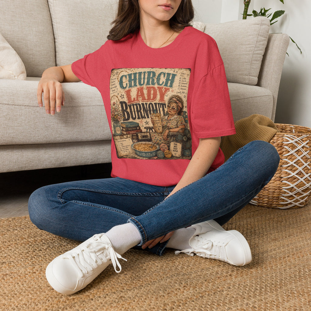 Church Lady Burnout T-Shirt — Vintage Funny Christian Humor Tee for Busy Church Volunteers