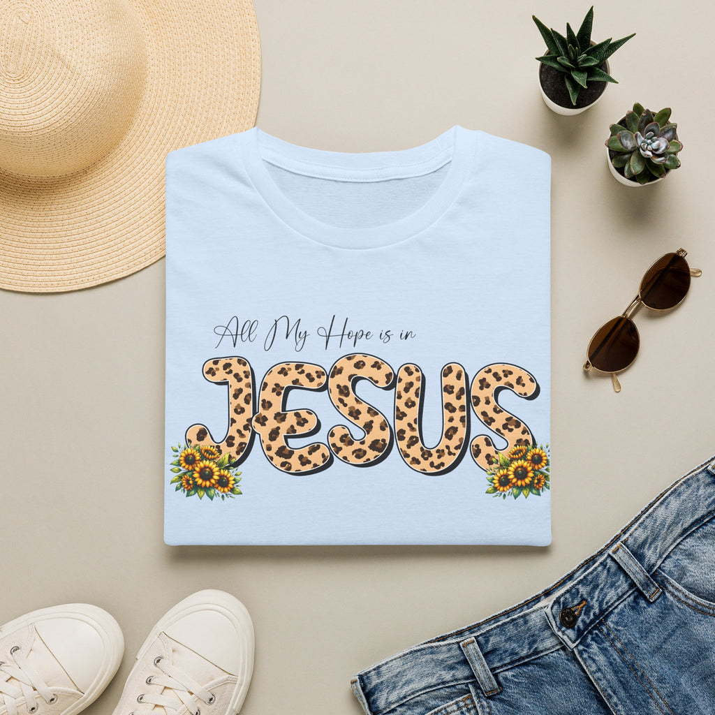 Jesus Leopard Print T-Shirt — "All My Hope Is In Jesus" Floral Faith Tee