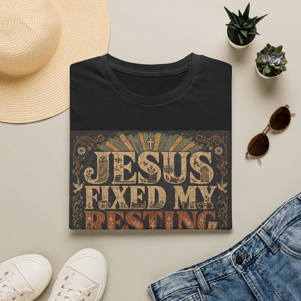 Christian Graphic T-Shirt — "Jesus Fixed My Resting Church Face" Vintage Faith Tee