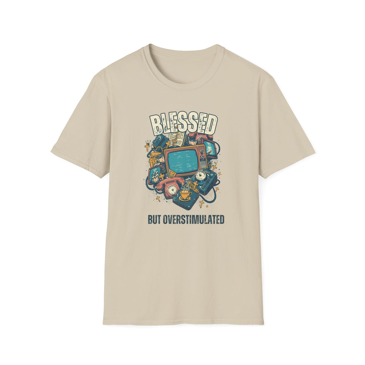 Blessed But Overstimulated T-Shirt — Retro Cozy Graphic Tee for Busy Moms & Millennials