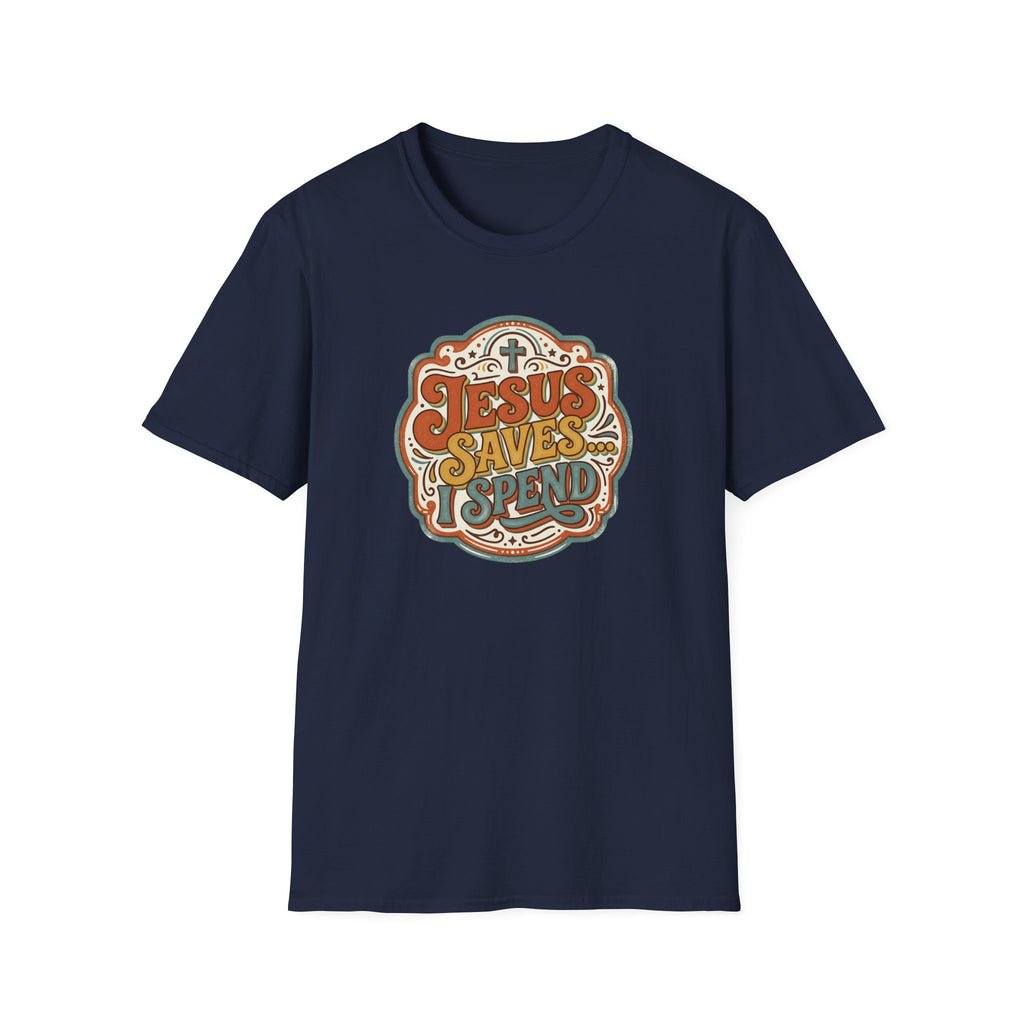 Christian T-Shirt — "Jesus Saves" Vintage Script Faith Tee