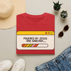 T-Shirt — "Powered by Jesus and Sarcasm" Graphic Tee