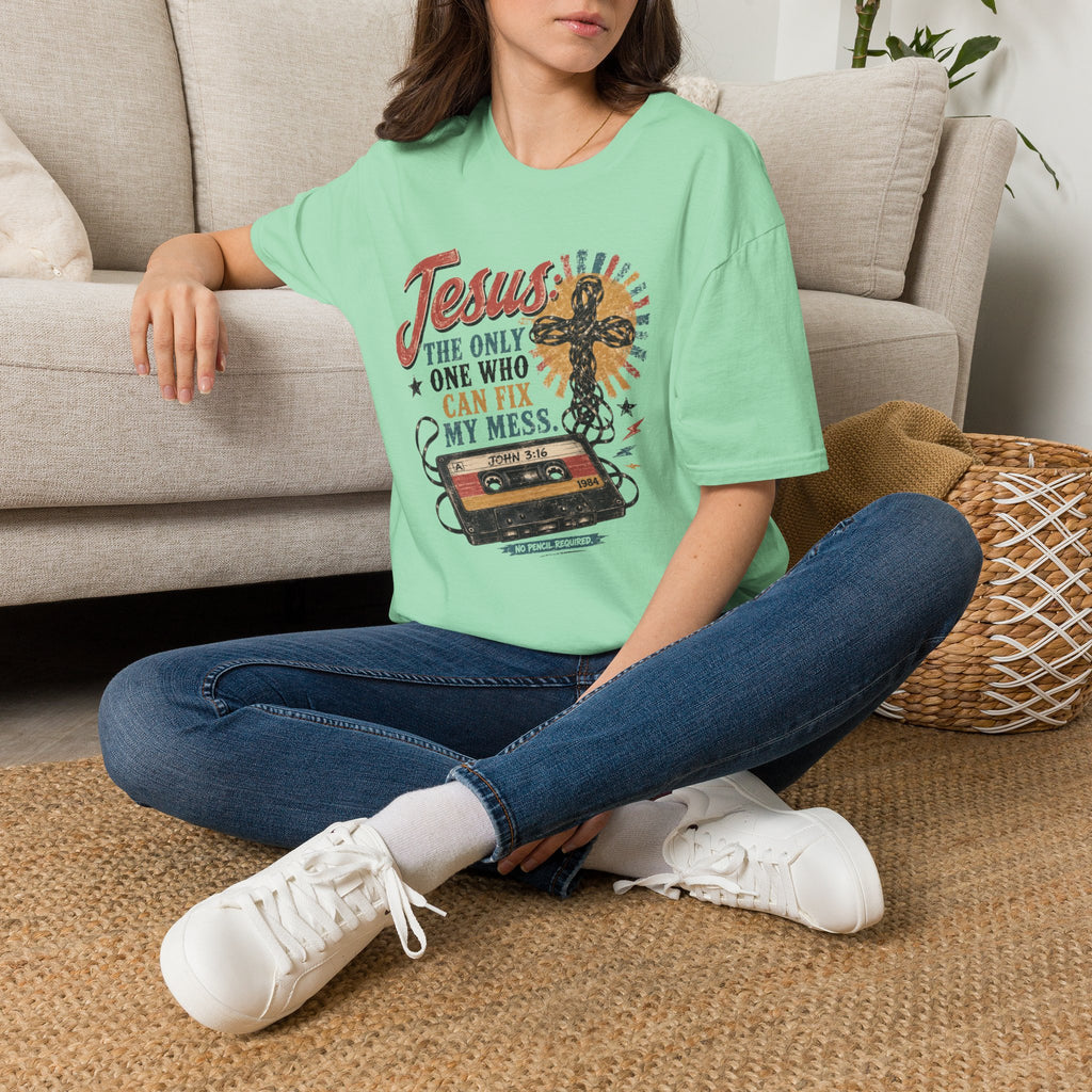 Jesus Is The Only One Who Can Fix My Mess T-Shirt — Christian Vintage Cassette Graphic Tee