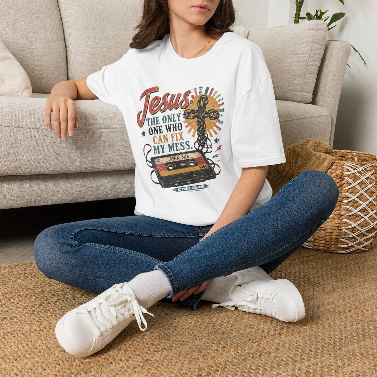 Jesus Is The Only One Who Can Fix My Mess T-Shirt — Christian Vintage Cassette Graphic Tee