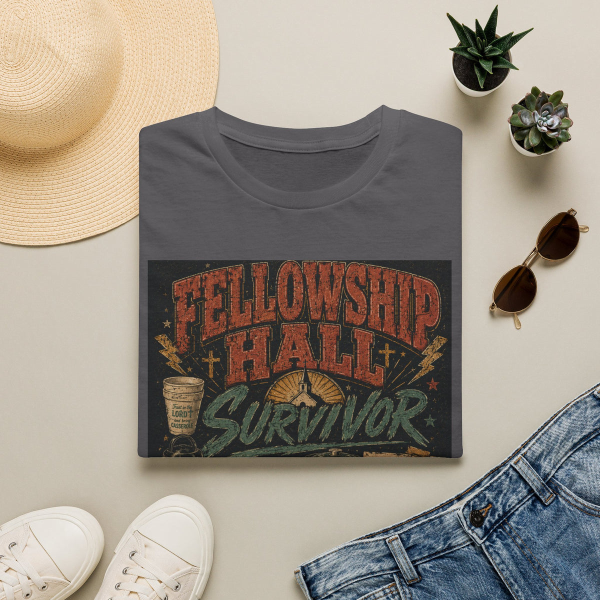 Fellowship Hall Survivor | Funny Church Life Graphic T-Shirt