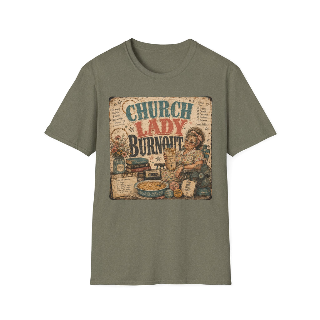 Church Lady Burnout T-Shirt — Vintage Funny Christian Humor Tee for Busy Church Volunteers