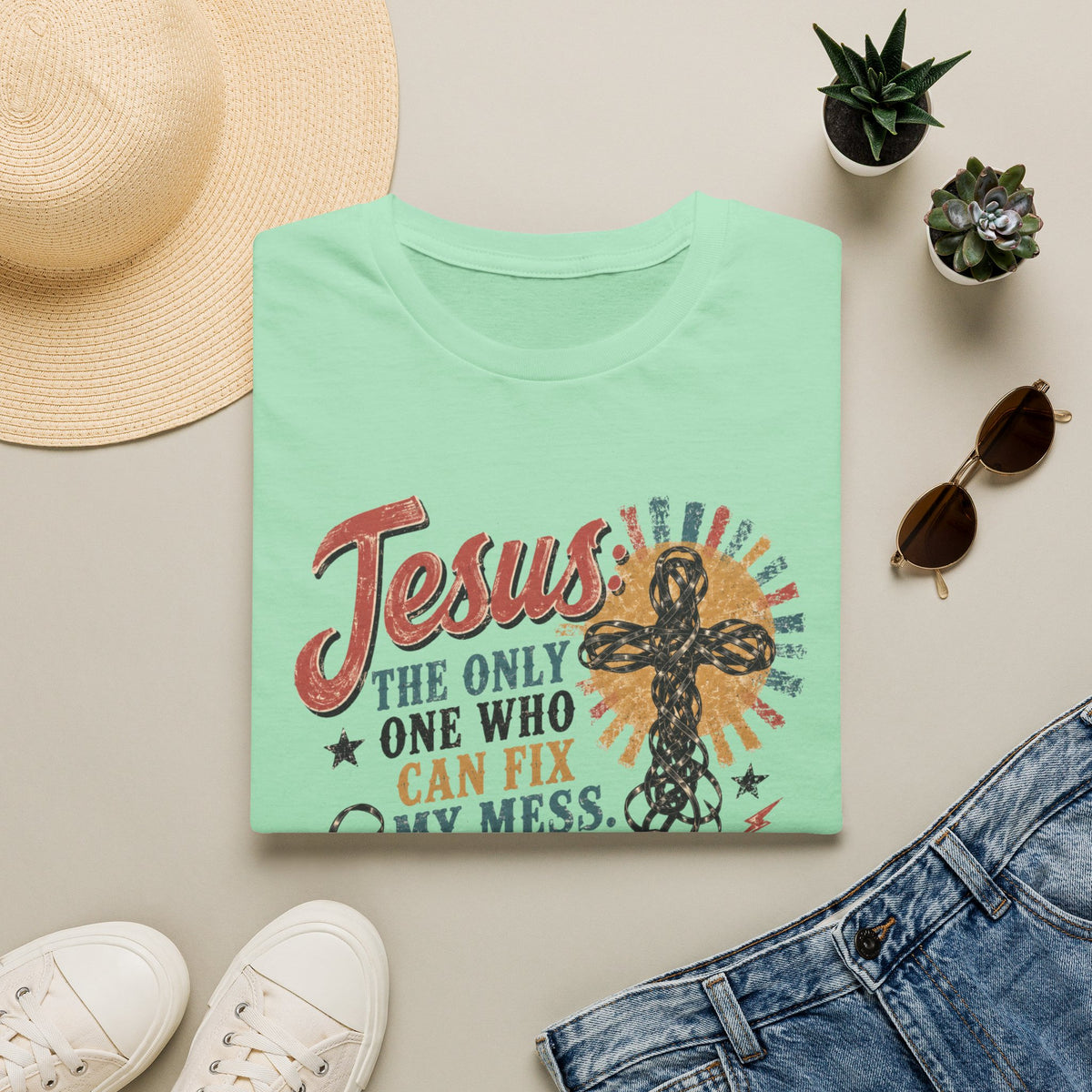 Jesus Is The Only One Who Can Fix My Mess T-Shirt — Christian Vintage Cassette Graphic Tee