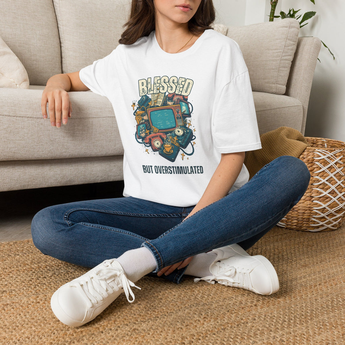 Blessed But Overstimulated T-Shirt — Retro Cozy Graphic Tee for Busy Moms & Millennials