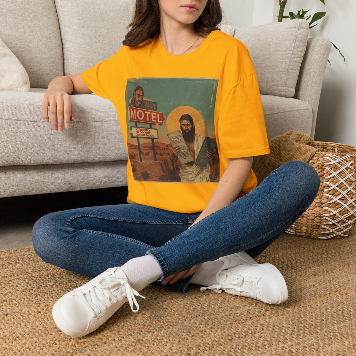Desert Motel Graphic T‑Shirt — Vintage Roadside Jesus Art Tee